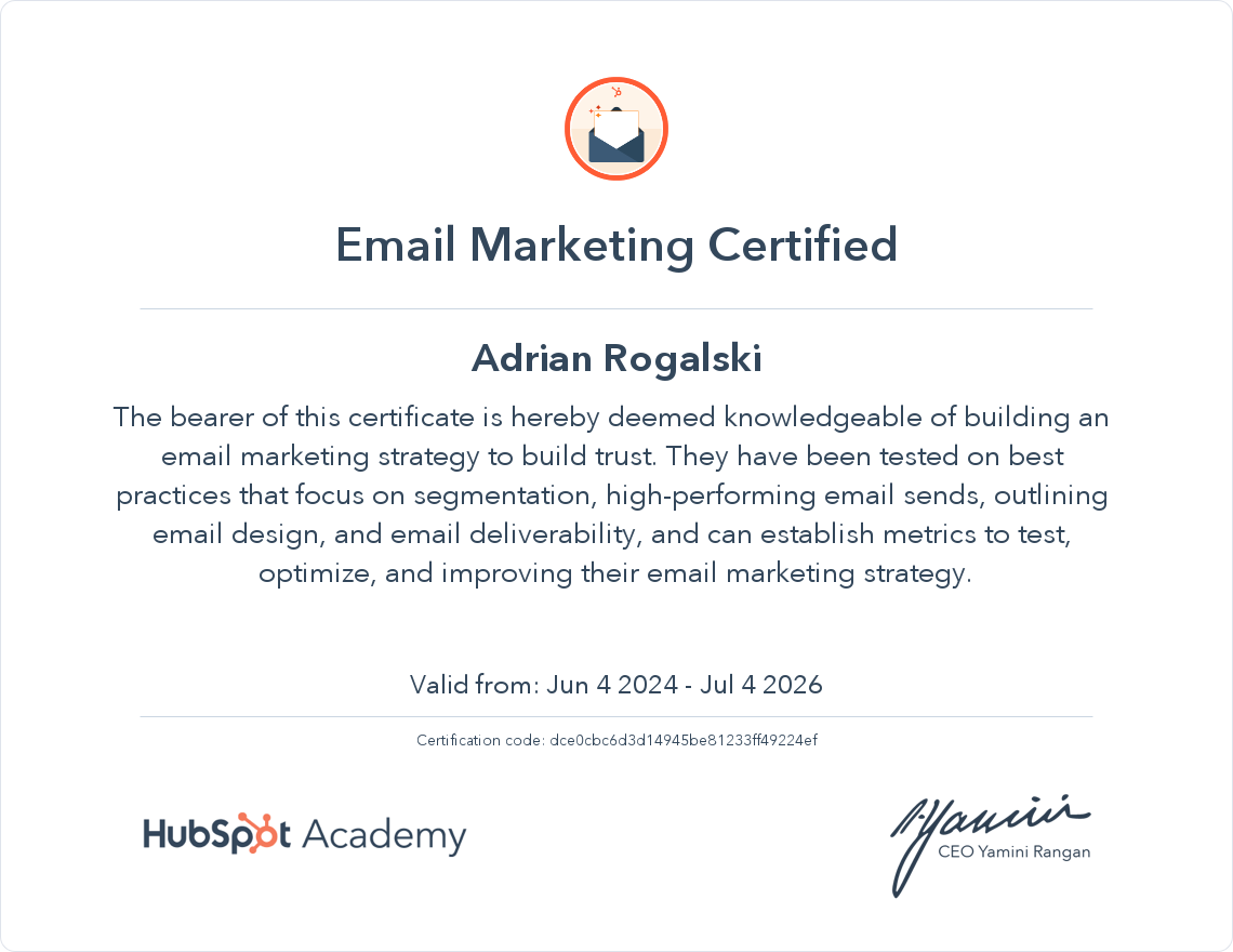 Adrian-Email-Marketing-certyficate