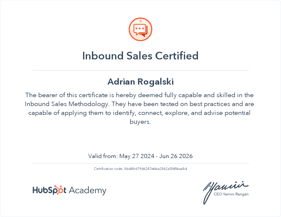 Adrian-Inbound-Sales-certyficate
