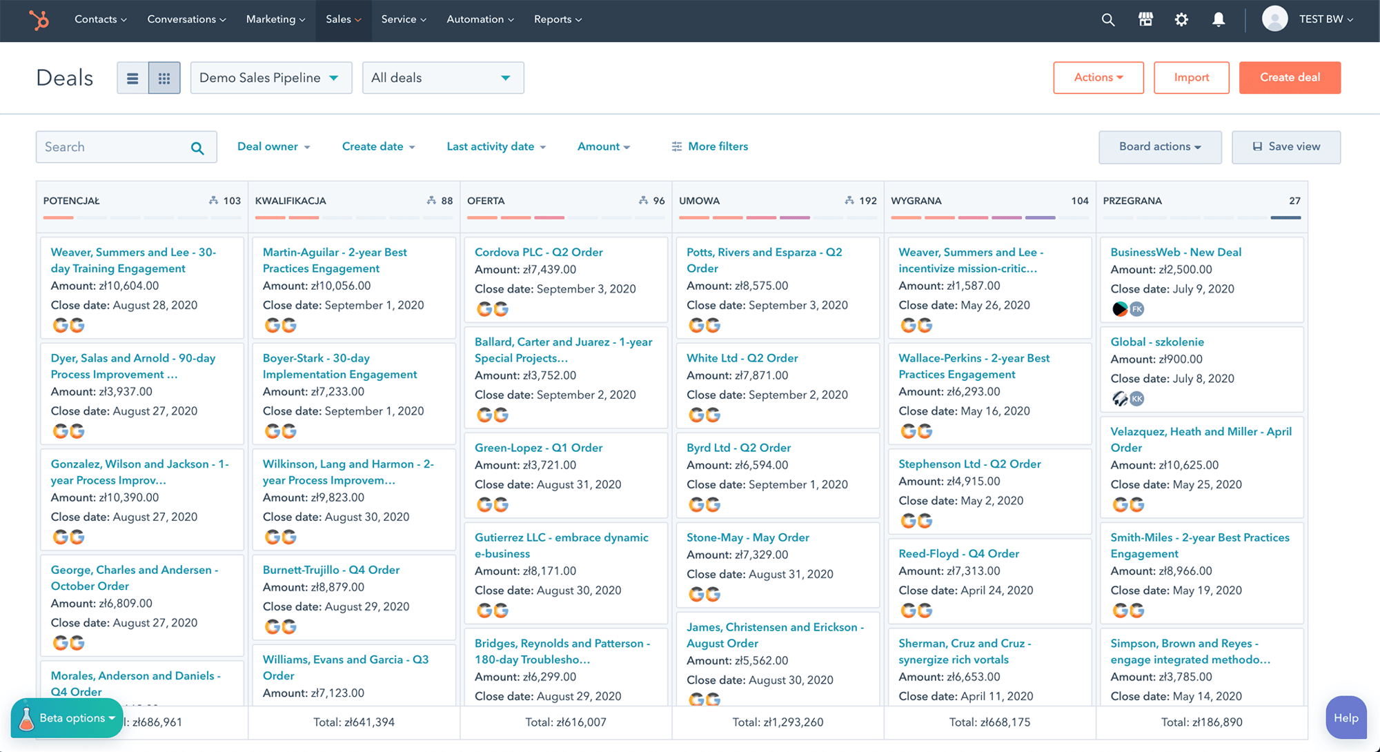 hubspot sales hub widok transakcji