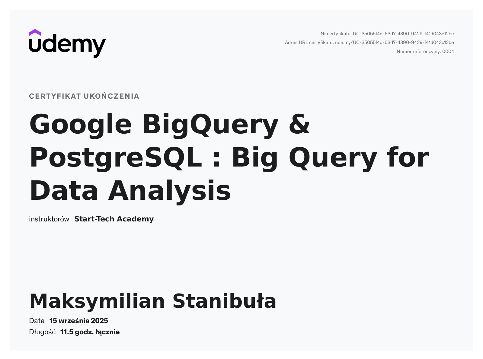 Certyfikat Google BiqQuerry i SQL PostgreSQL