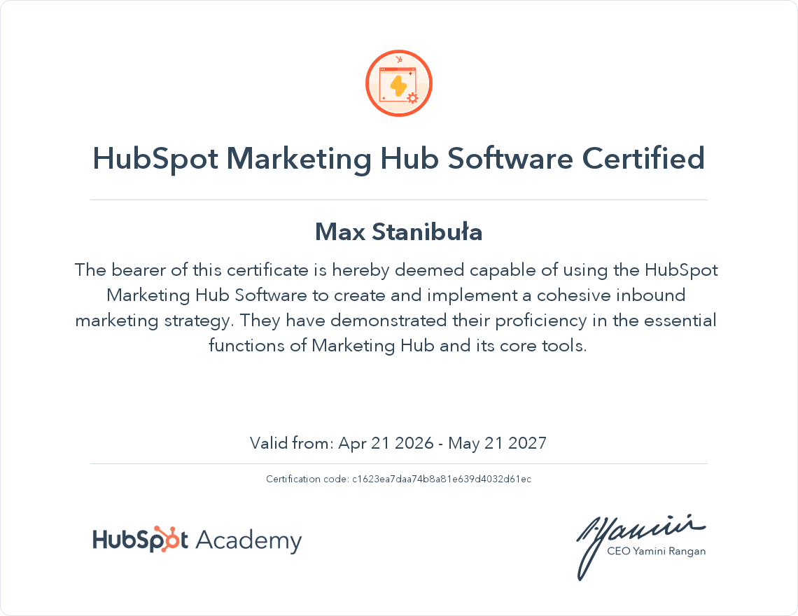 Certyfikat HubSpot Marketing Hub Software Max