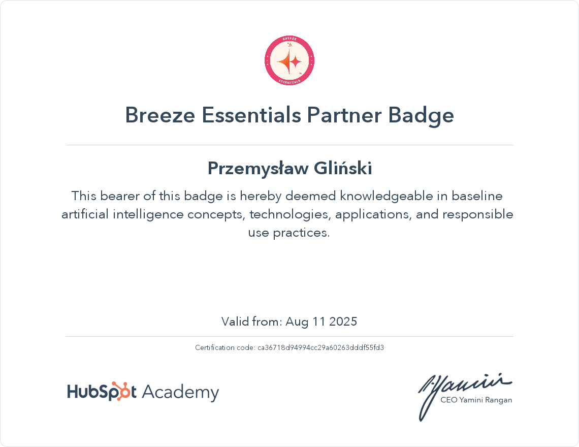 HubSpot-Breeze-certificate-Przemek-Glinsk