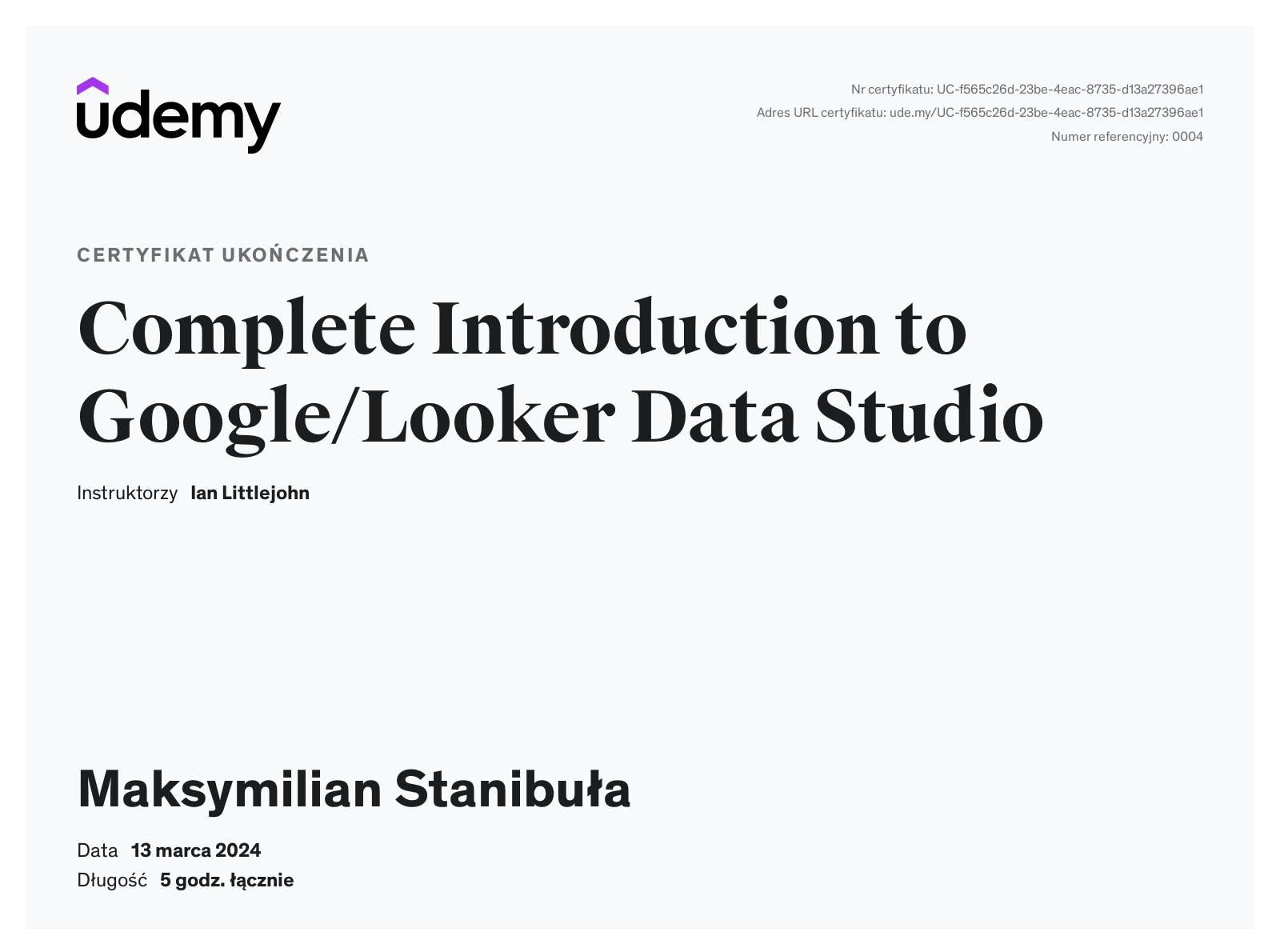 Udemy-certyfikat-Looker-Studnio