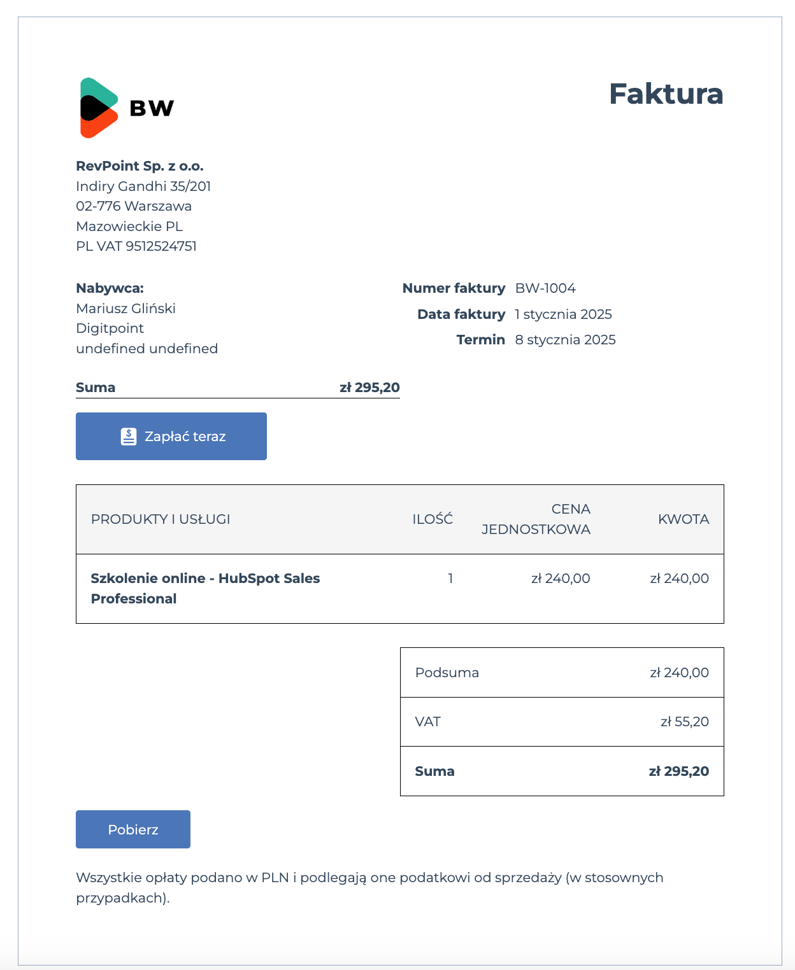 faktury w hubspot